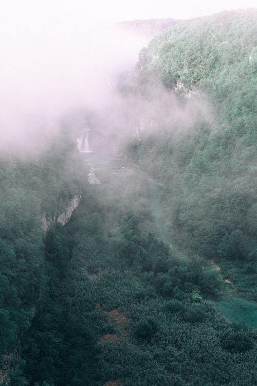 Green mountain with waterfalls on misty day