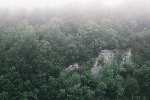 从上方俯瞰，薄雾笼罩的山间，绿树郁郁葱葱地生长在崎岖的山坡上