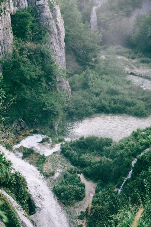 Cascade Rapide Sur Un Mont élevé Près De L'étang