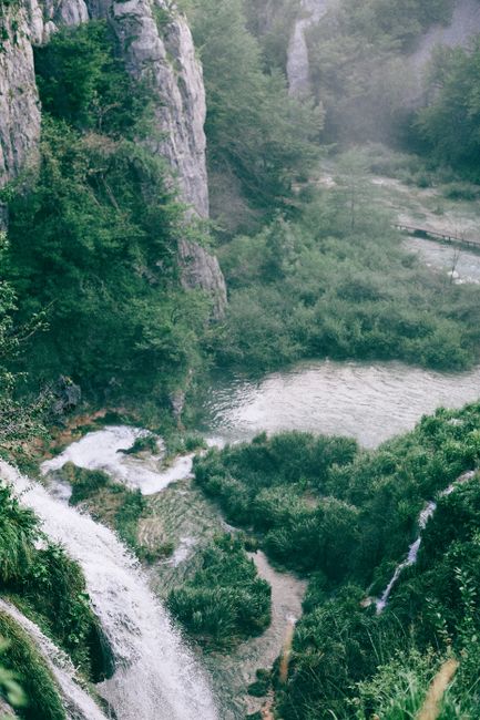 High angle of foamy cascade with fast water flow on rough mountain with trees in daylight