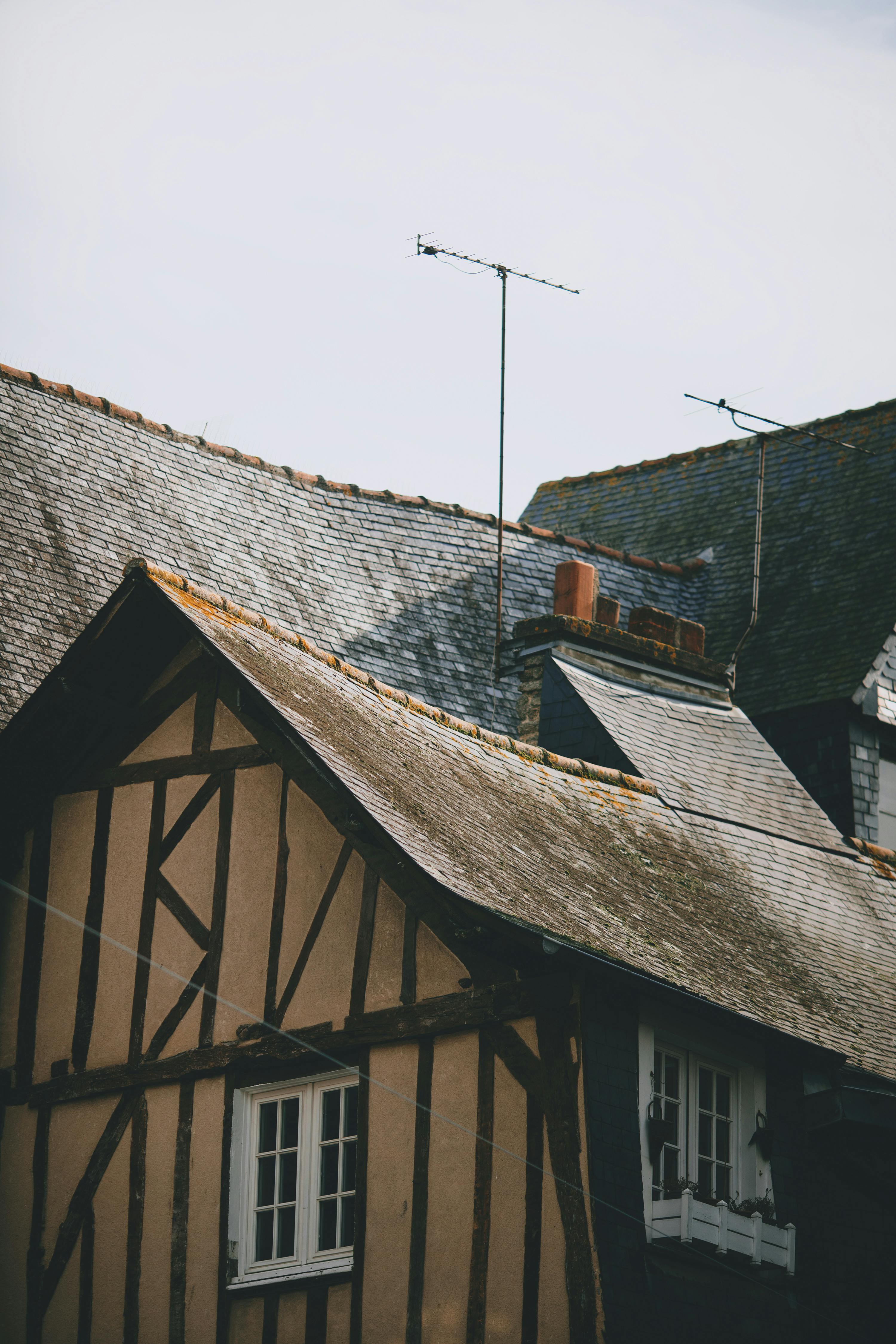 aged residential house exteriors under light sky