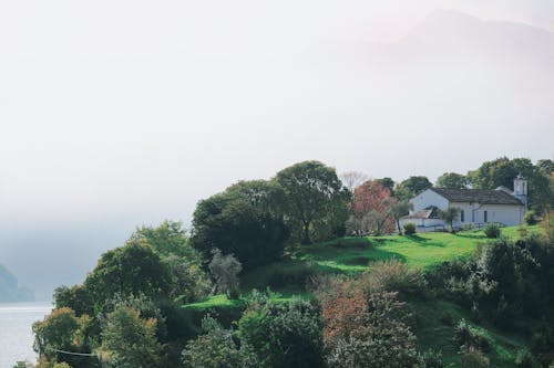 Single house on green hill