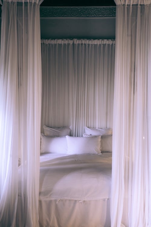 Free Cozy bed under white translucent canopy Stock Photo