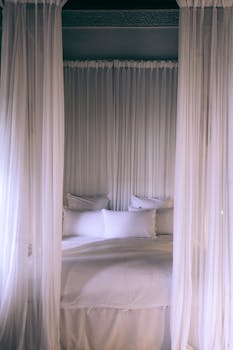 Cozy bed under white translucent canopy