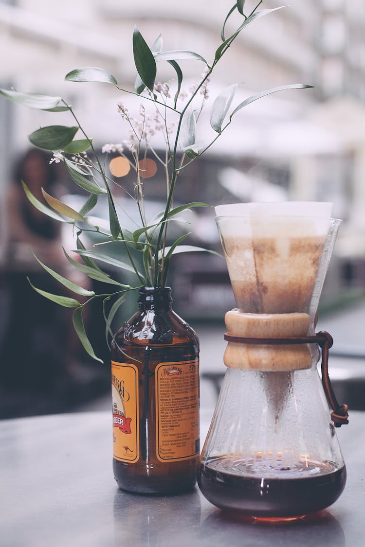 Chemex Coffee On Table Near Plant Stem In Jar