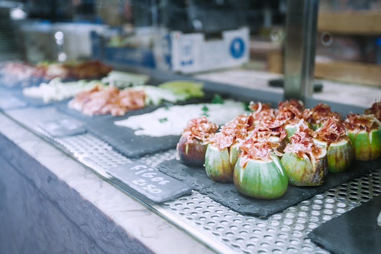 Delicious Exotic Stuffed Figs Served On Counter In Market