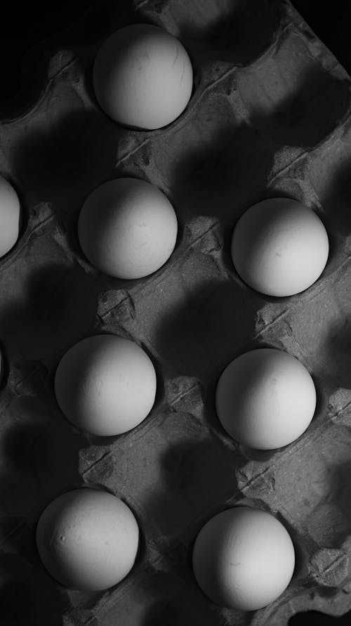 Grayscale Photo of Eggs in an Egg Tray