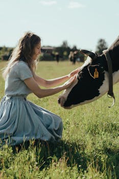 阳光明媚的乡村田野里，一名身穿蓝色连衣裙的女子正轻轻抚摸着一头牛