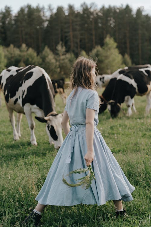 Girl in Gray Dress Standing on Green Grass Field With White and Black Cow