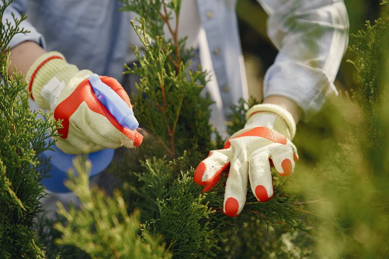 Manos con guantes cuidando plantas con un pulverizador, imagen ilustrativa