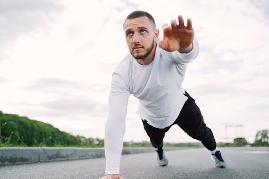 Adult male doing a core exercise on a rooftop in sportswear, promoting fitness and healthy living.