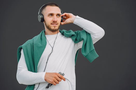 Young man posing with headphones, looking confident in casual outfit against a neutral background.