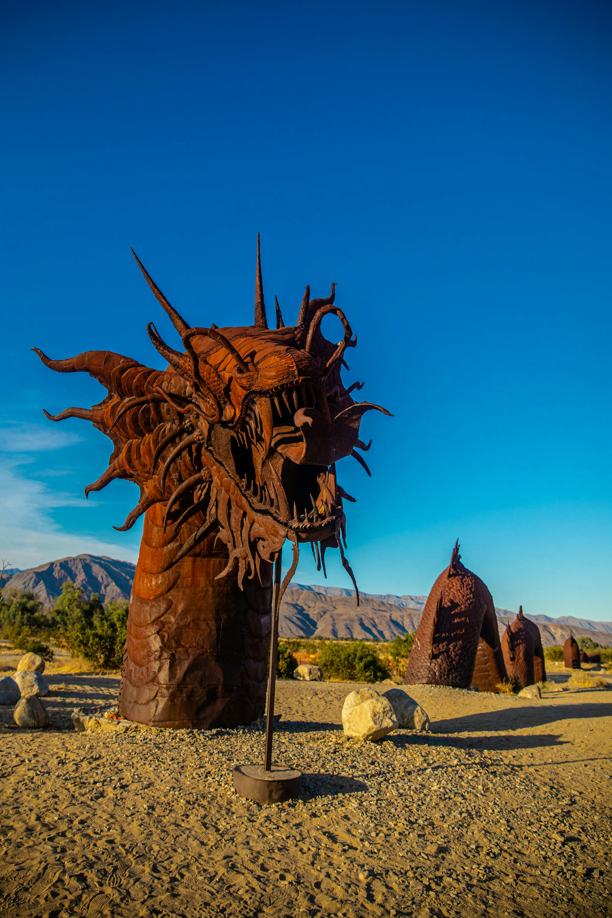 brown metal dragon sculpture in borrego springs california
