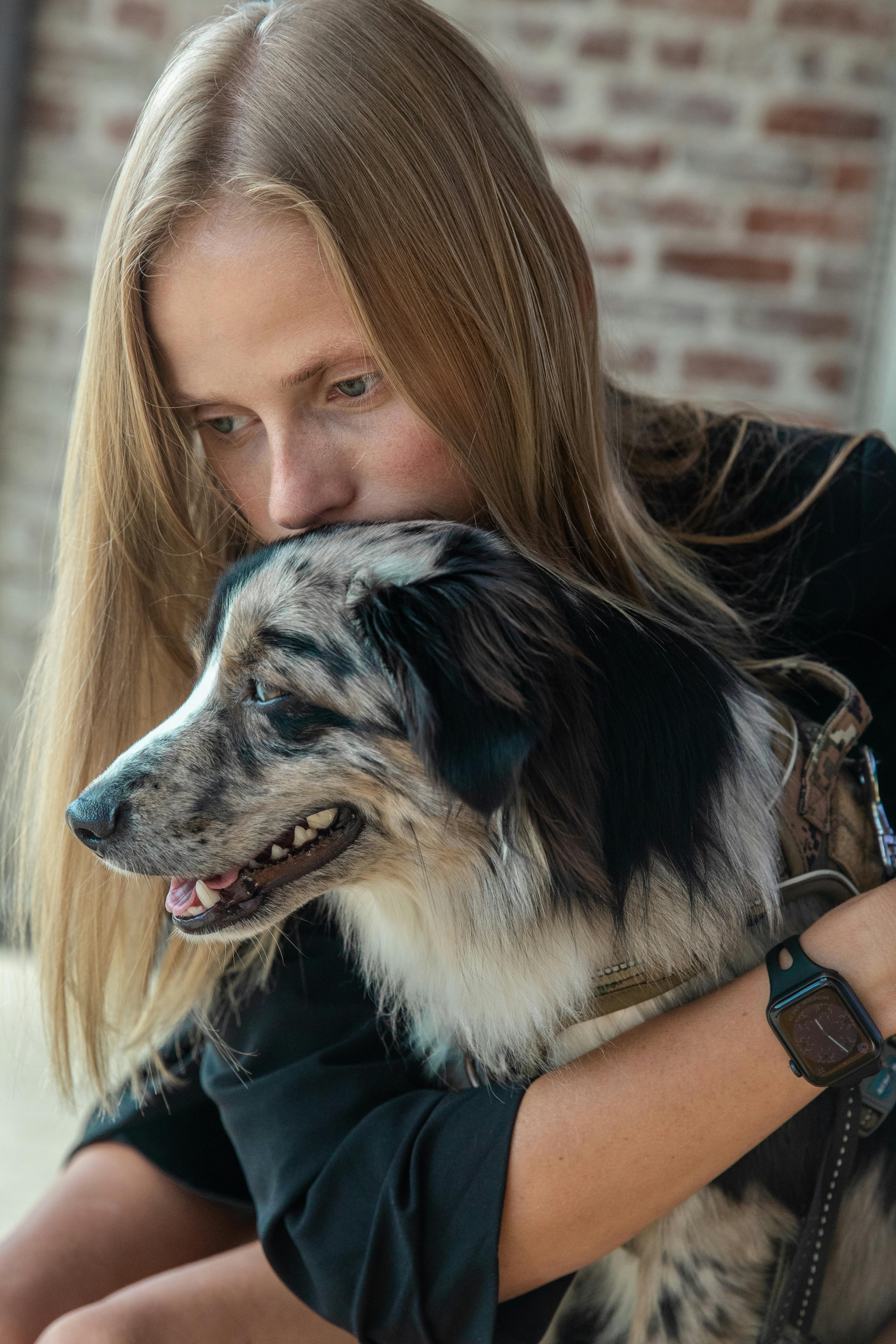 白人妇女深情地拥抱她的边境牧羊犬，捕捉到了陪伴的温馨时刻