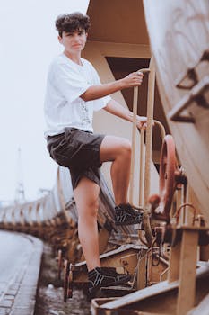 A woman in casual clothing climbs a train ladder outdoors, exemplifying adventure and exploration.