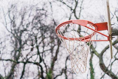 Free Close-up view of a basketball hoop against a backdrop of leafless trees, creating a winter sports vibe. Stock Photo