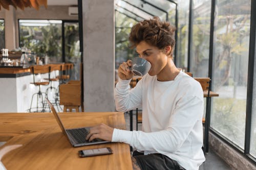 Free Woman Drinking Coffee while Using Laptop Stock Photo