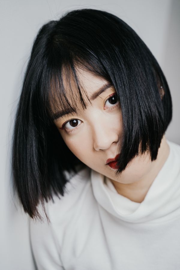 Woman with deep side-swept bob hairstyle