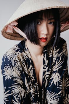 一位头戴萨卡特帽、涂着鲜红色口红的时尚女性肖像，散发着优雅与时尚的气息