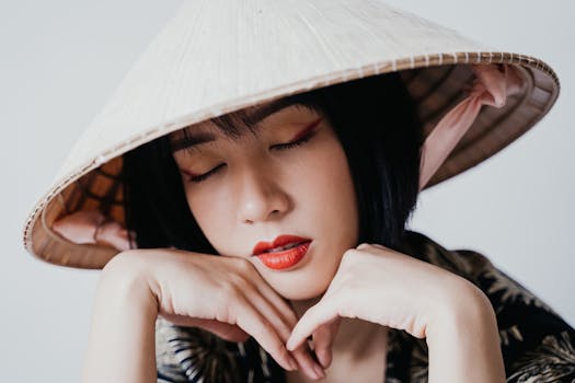 Close-up portrait of a woman wearing a traditional Vietnamese hat with eyes closed, exuding elegance.