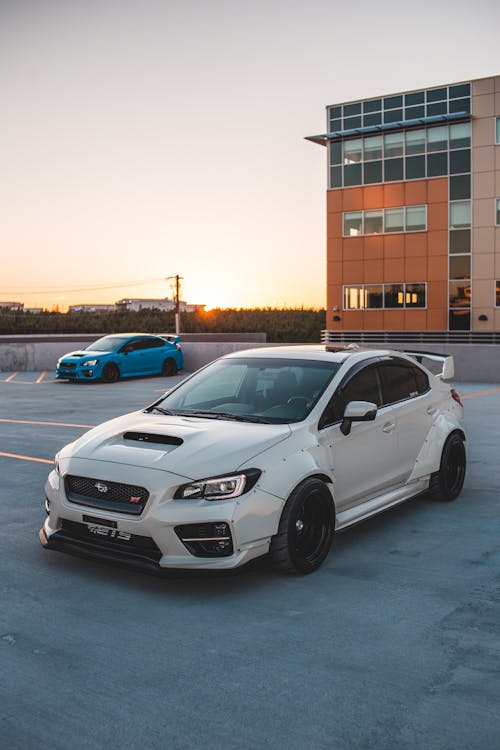 Powerful car parked against modern building