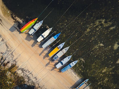 Lined Up Boats on Seashore