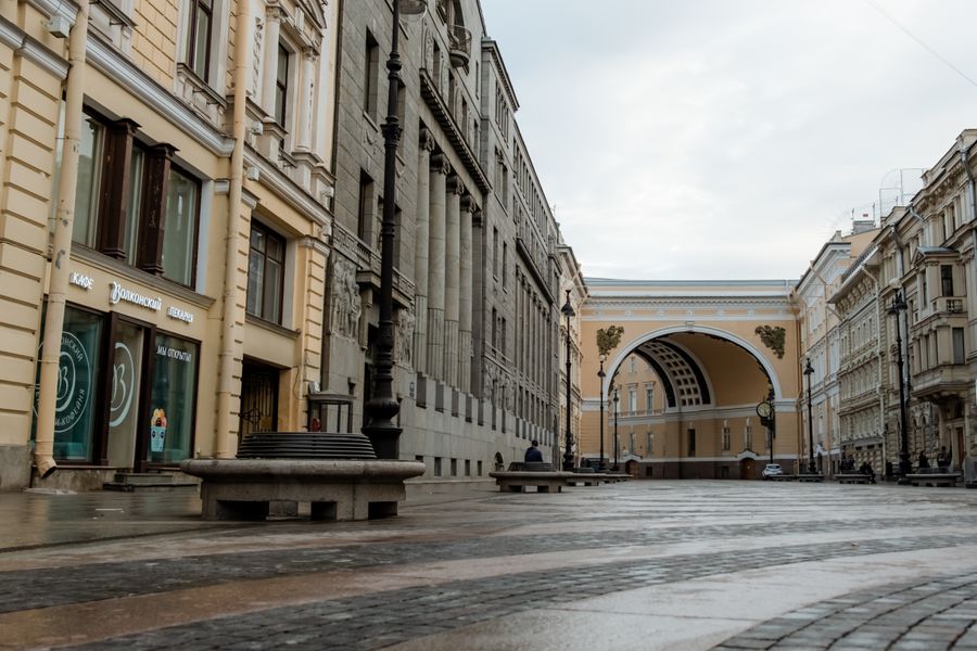 Quiet archway and historic buildings on a street in Saint Petersburg