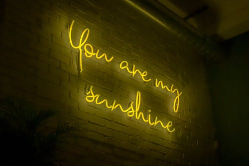 From below of illuminated signboard You are my sunshine with yellow neon light on white wall in dark room