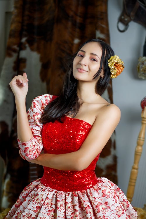 Woman in Red and White Floral Off Shoulder Dress