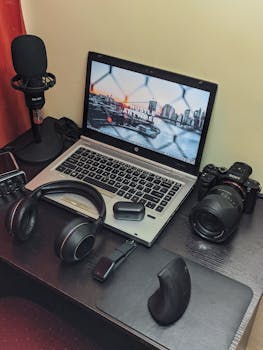 A modern workspace with laptop, camera, and audio equipment on a desk, ideal for creative projects.