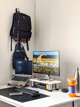A tidy home office with laptop, monitor, and accessories. Ideal for technology and remote work themes.