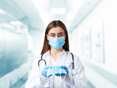 Young female doctor holding a face mask in hospital wearing gloves and stethoscope.
