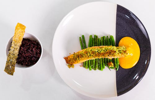 Fried Salmon on Asparagus with Honey Mustard Dipping Sauce