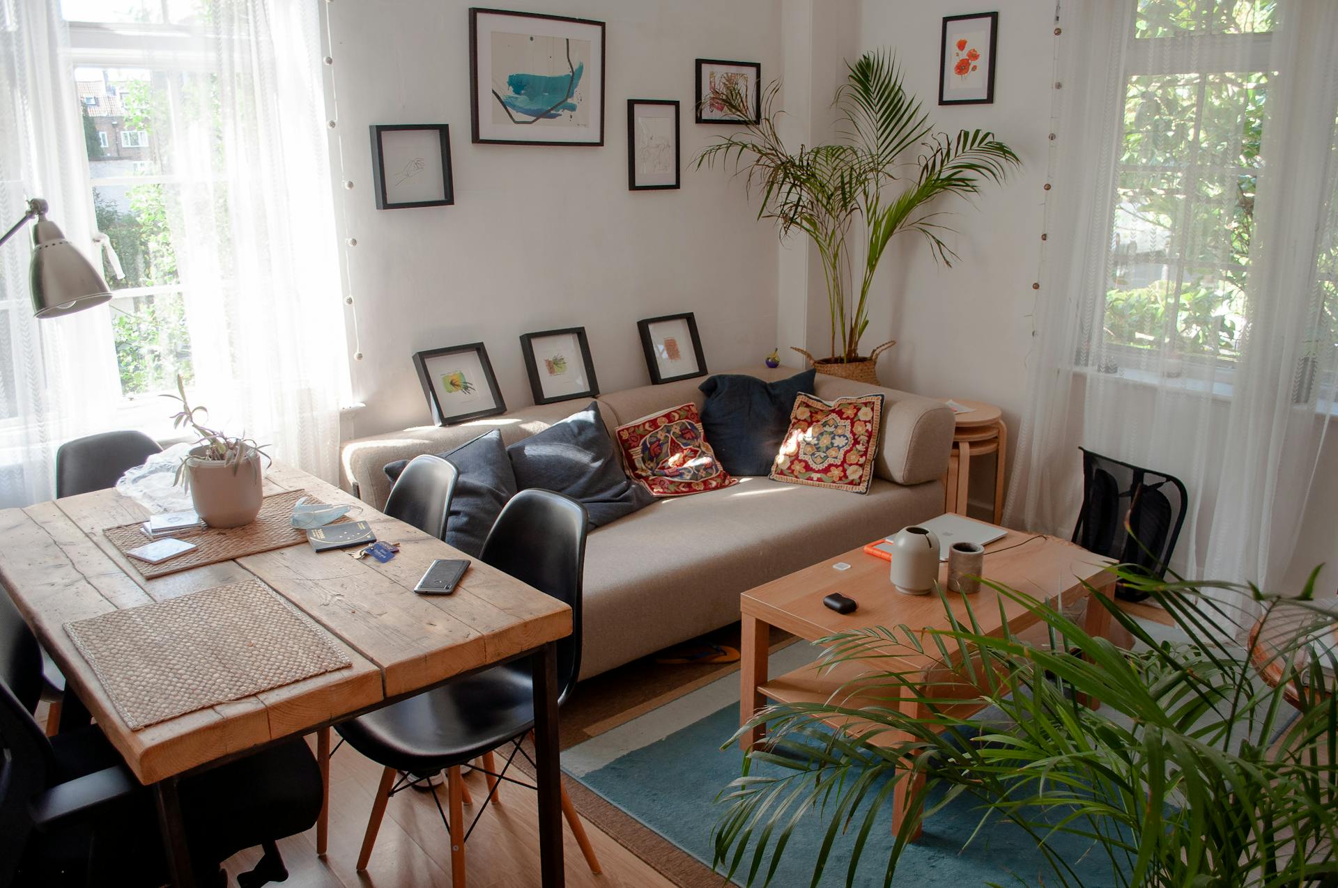 A beautifully lit living room with modern furniture and decor in a London home.