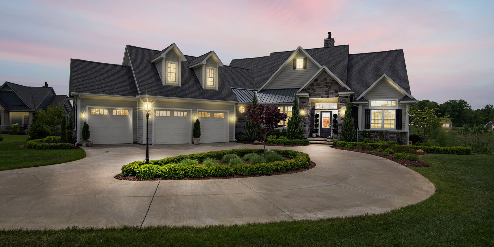 Completed residential home at dusk