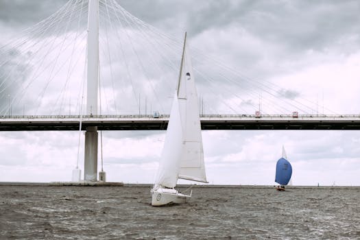 Sailboats gliding under a sleek suspension bridge during a cloudy day. Nautical adventure awaits.