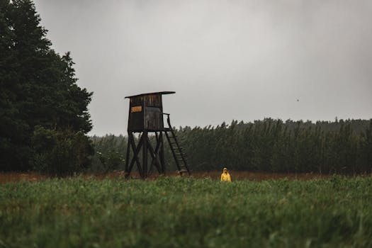 A solitary figure in a yellow raincoat stands by a wooden outpost in a lush, rainy field.