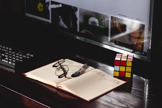 A neat workspace featuring a notebook, pen, eyeglasses, and a Rubik's Cube, ideal for productivity.