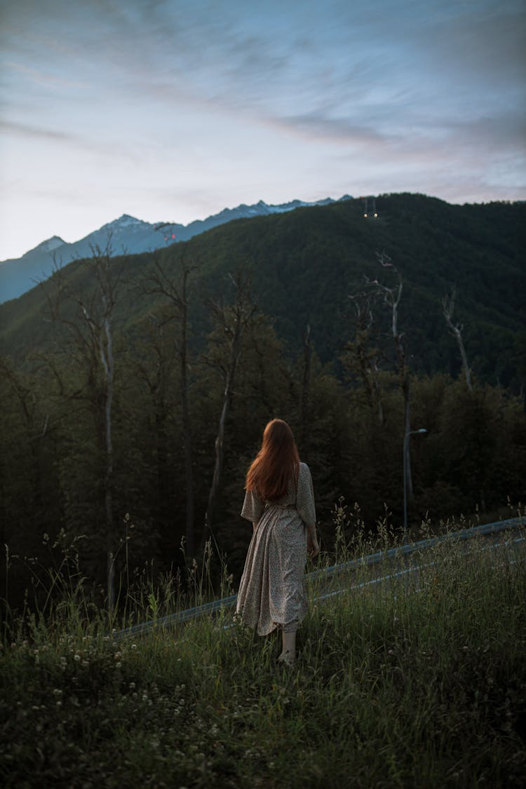 Back View Of A Woman In Floral Dress Standing On Grass