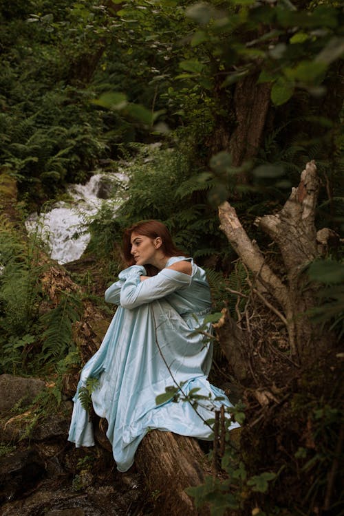 Woman in Blue Dress Sitting on a Tree Trunk in the Forest