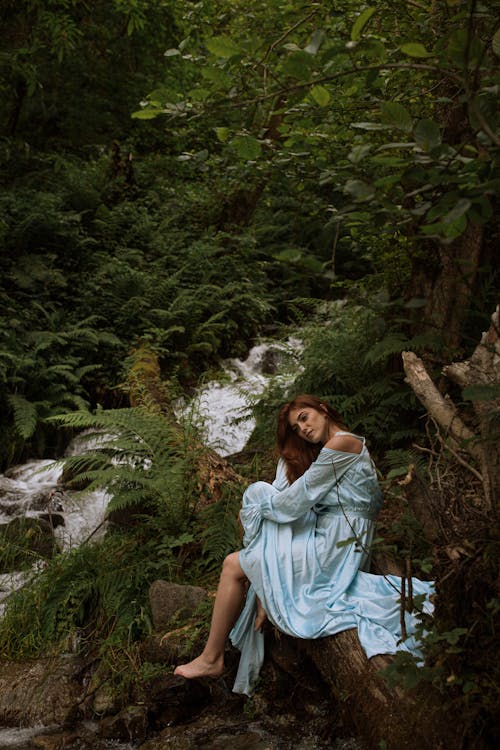 Woman in Blue Dress Sitting on a Tree in the Forest