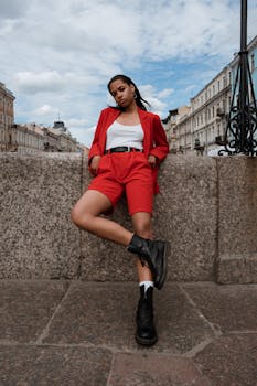 Stylish woman in red suit poses against city backdrop, exuding confidence.