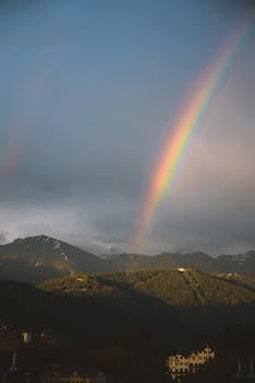 Majestic mountains under a vibrant rainbow casting over a scenic landscape, creating a picturesque weather scene.