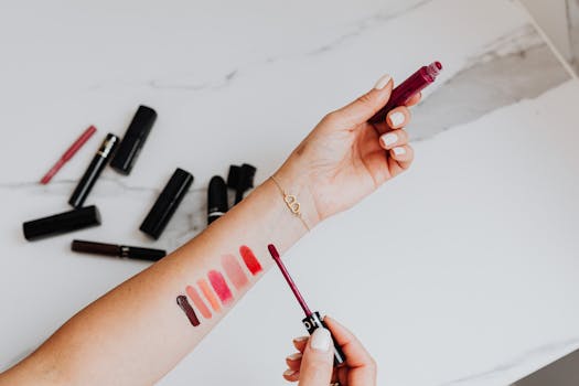 Woman applying and testing various lipstick shades on her arm over a marble surface.