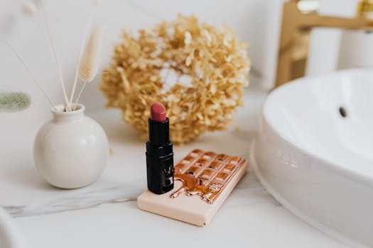 红色唇膏摆放在大理石柜台上，装饰自然，散发着优雅与极简的气息