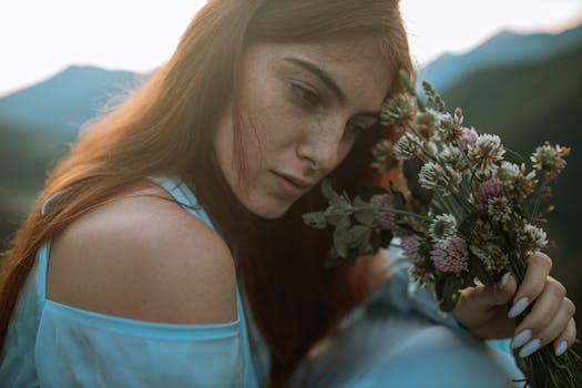 一个女人的宁静肖像，在自然的户外背景下，她抱着雀斑野花