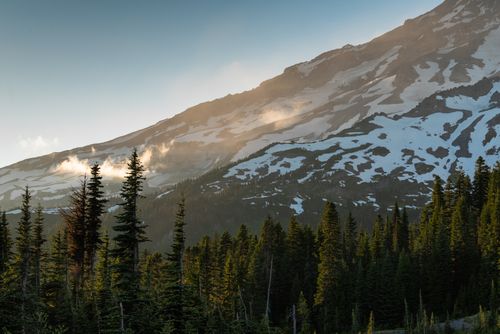 Free Beautiful sunset view of snow-capped Mount Rainier with evergreen forest in Washington, USA. Stock Photo