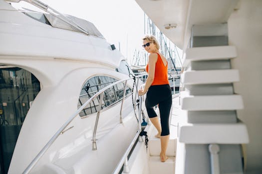 Woman in activewear enjoying a sunny day on a yacht during summer vacation.