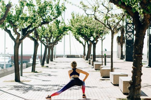 Free A woman in activewear performs a stretching routine on a sunny seaside walkway lined with trees. Stock Photo