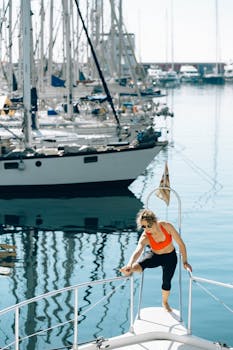 Woman performing yoga stretches on a yacht in a marina, showcasing a healthy and active lifestyle.